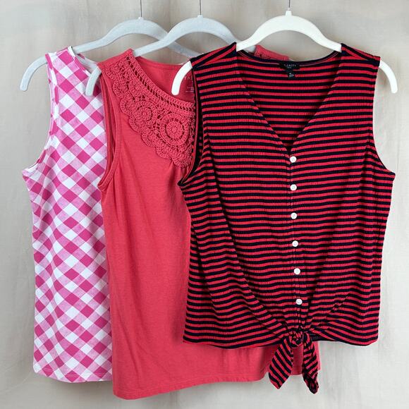 Talbots Petite Medium Sleeveless Shirt Bundle - 3 Tops Pink Checker Red Stripe - Picture 1 of 11